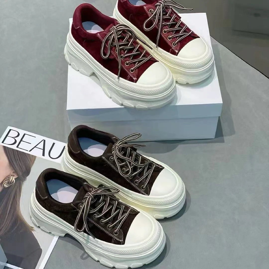 烟雨诗情女鞋真皮厚底鞋2025秋季新款欧洲站松糕底圆头系带女板鞋