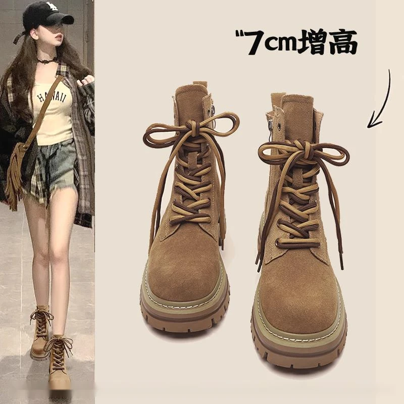 真皮镂空马丁靴女2025新款夏季透气大黄靴棕色户外西部靴子牛仔靴