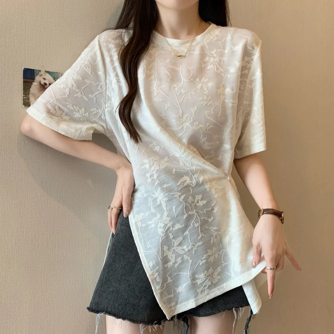 大码提花设计斜扣开叉短袖T恤女2025夏季新款宽松显时尚潮流百搭