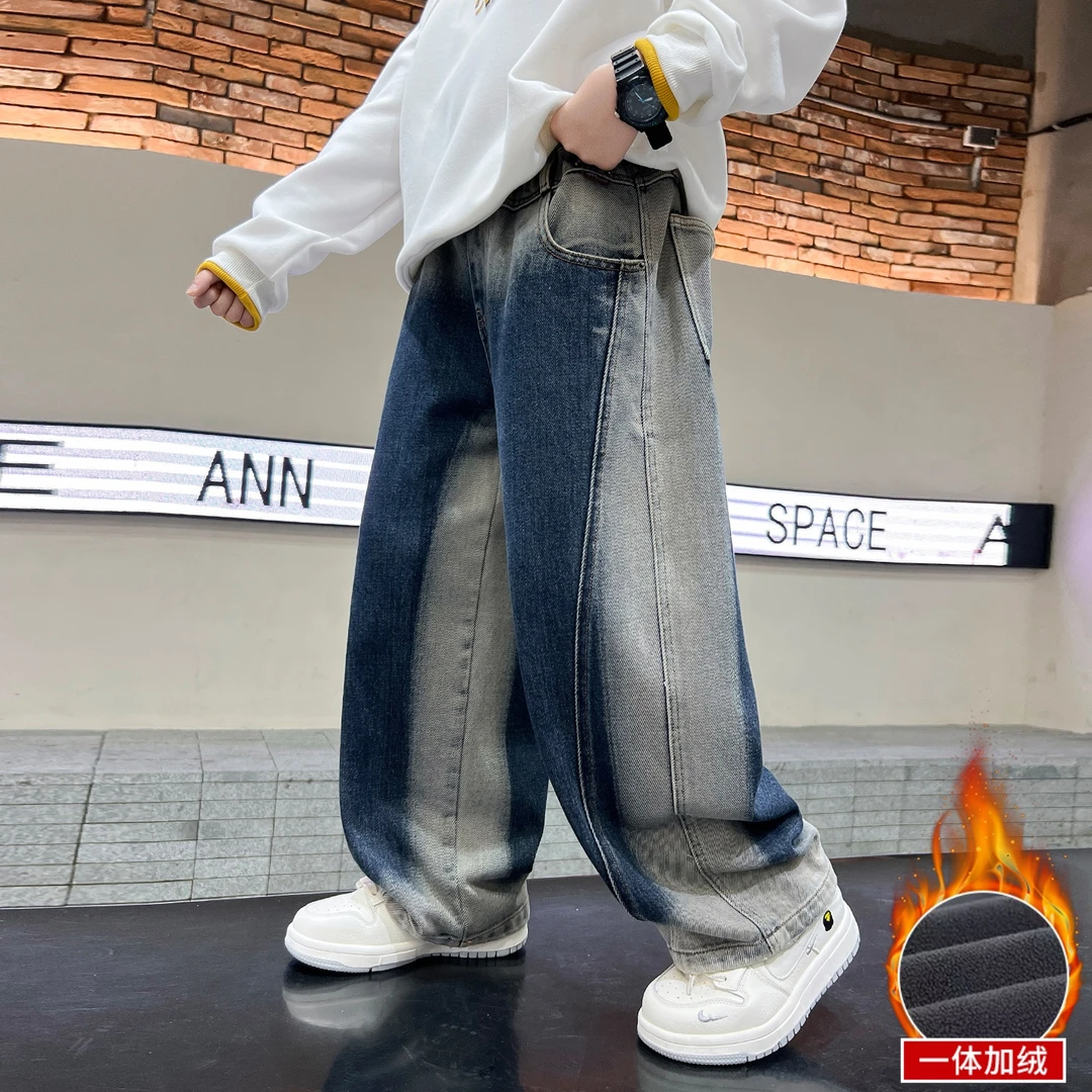 儿童装男童冬季裤子2025新款中大童一体加绒秋冬款男孩加厚牛仔裤