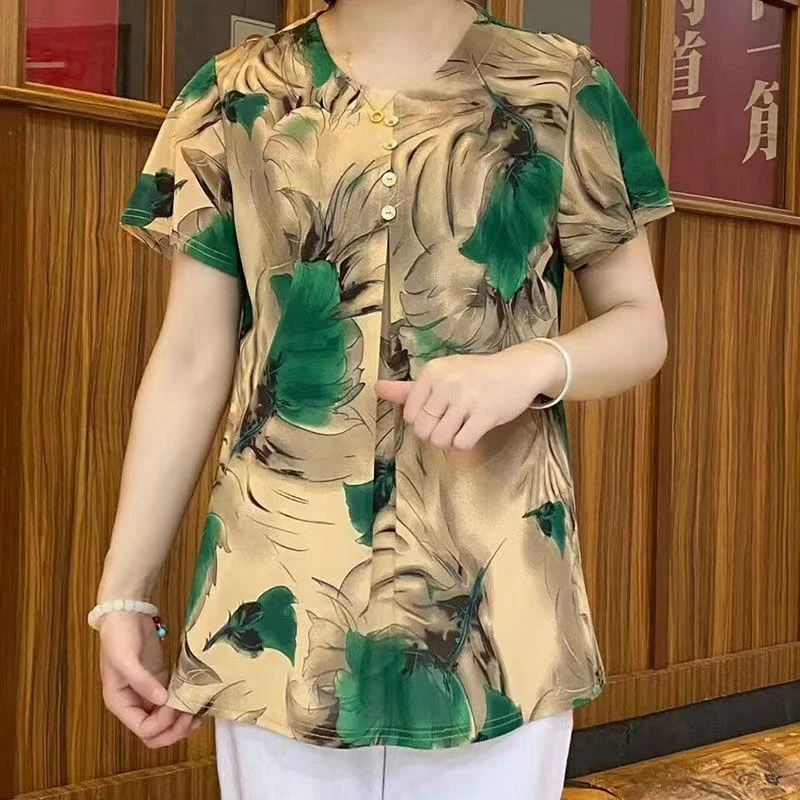 夏季妈妈装时尚洋气休闲小衫百搭显瘦印花T恤上衣中年女遮肚大码