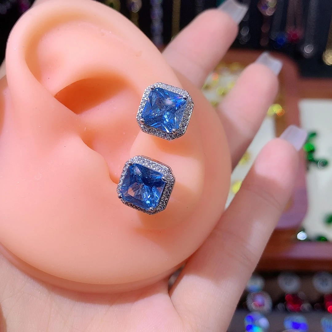 银S925镶嵌耳坠海蓝宝石白8