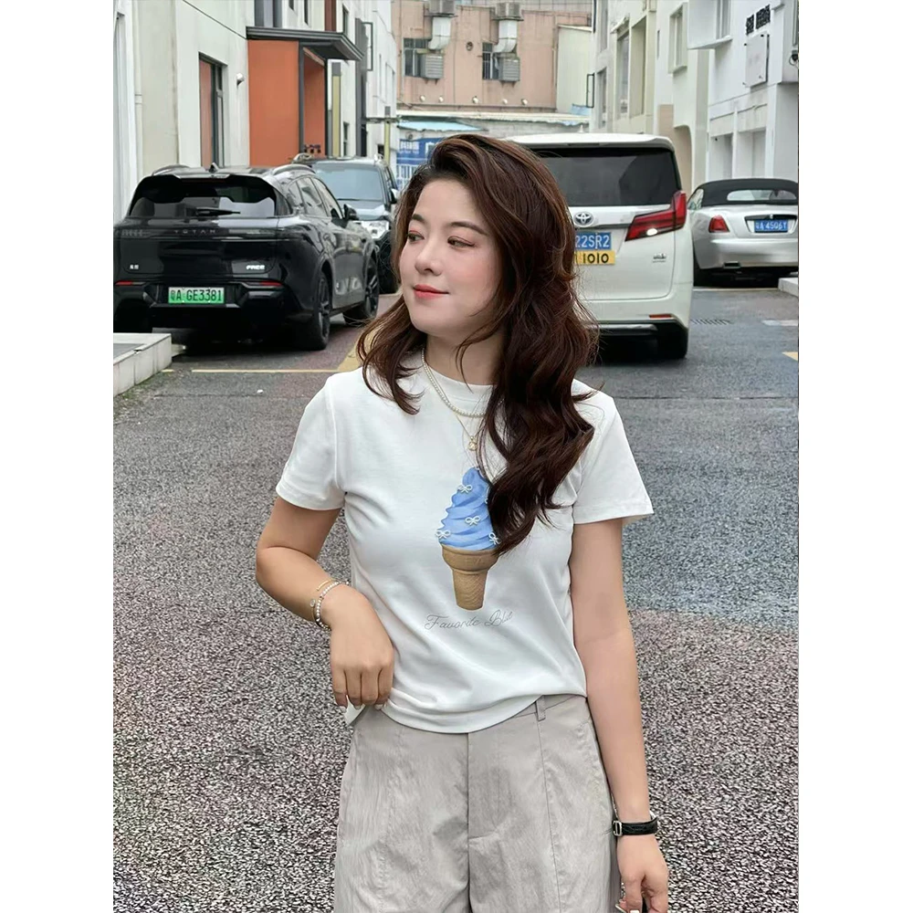 WenWen小个子韩系穿搭时尚感冰淇淋印花短袖T恤百搭上衣3828