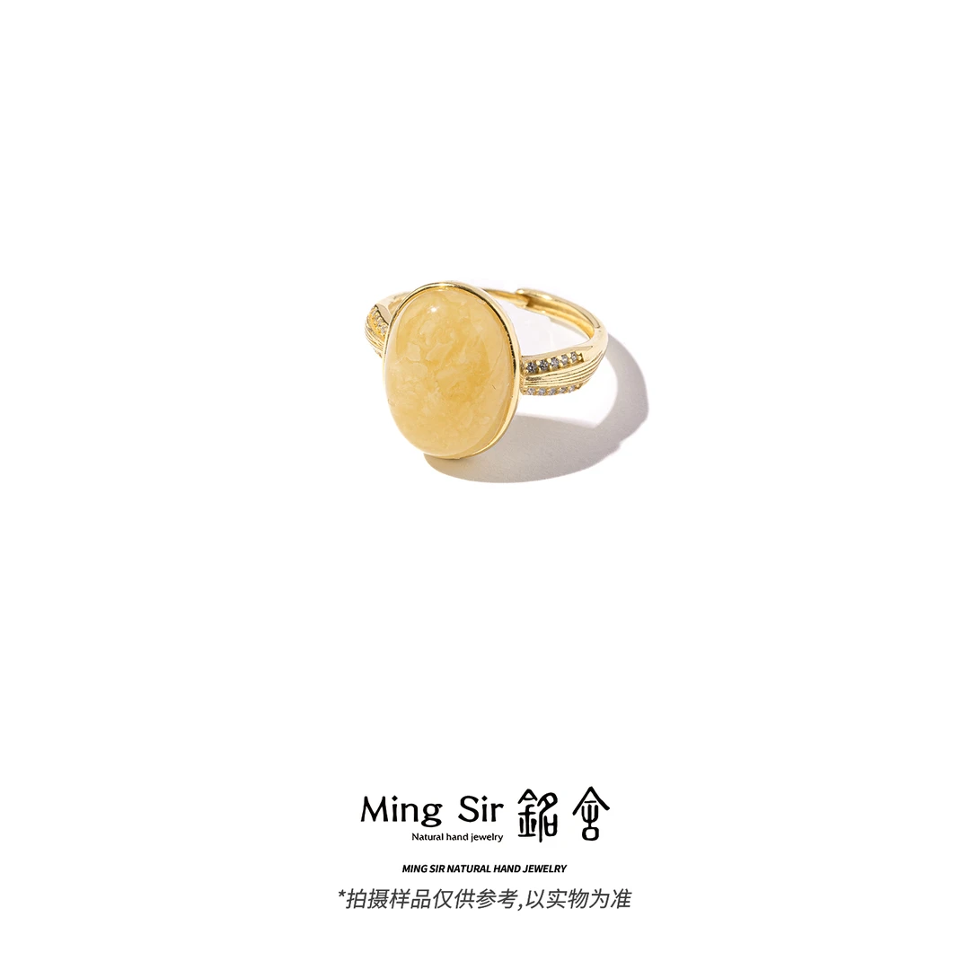 【铭舍】天然俄料蜜蜡蛋面戒指S925银开口戒气质时尚-6.11
