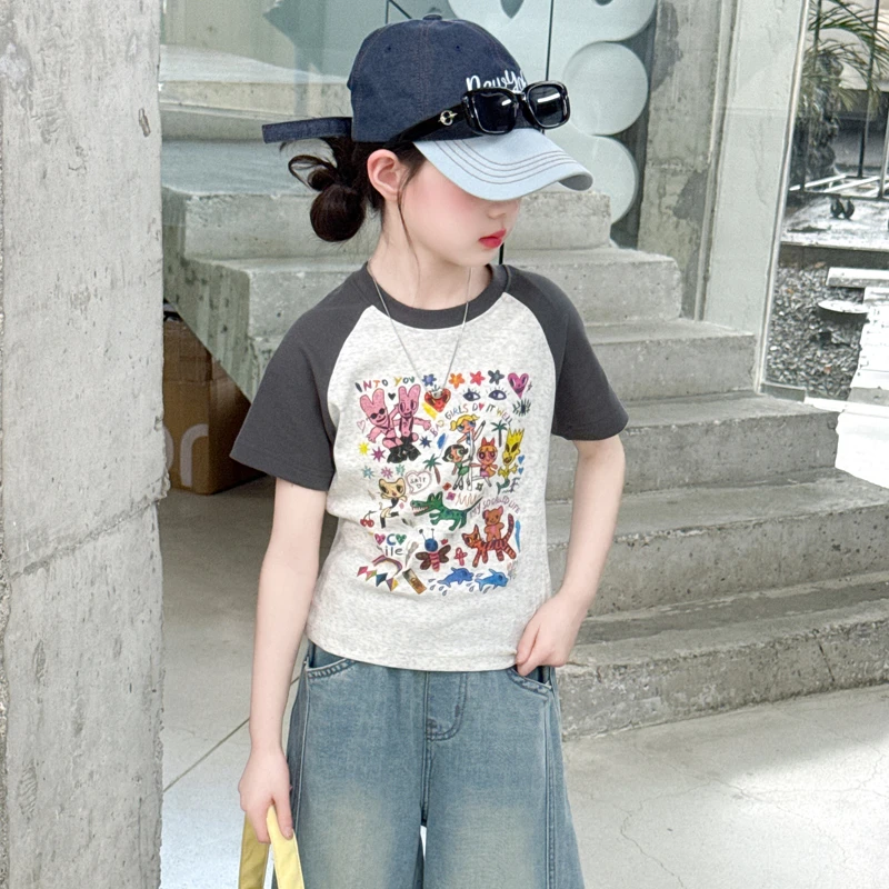 女童短袖T恤夏季2025新款洋气中大童洋气韩版儿童宽松半袖上衣潮