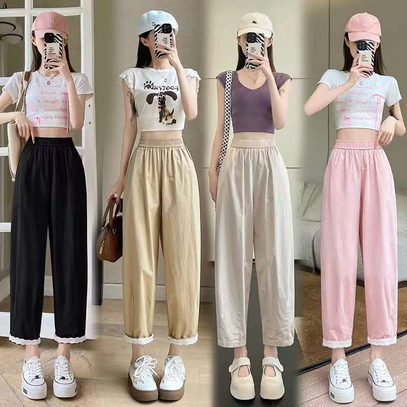 大码300斤九分哈伦裤女夏季薄款宽松休闲百搭蕾丝花边老爹萝卜裤