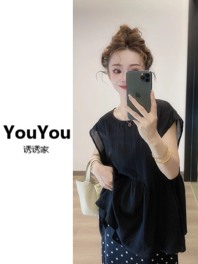 法式黑色圆领无袖女夏季宽松设计感小众拼接别致气质上衣