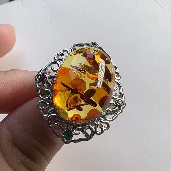 琥珀（花珀）银S925镶嵌戒指