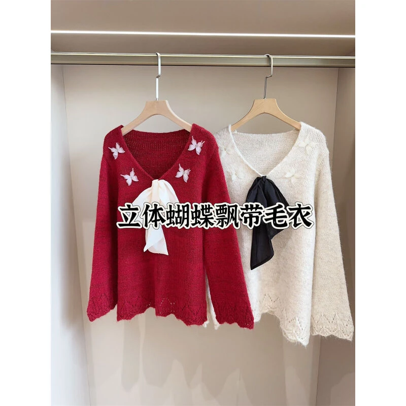 可拆卸蝴蝶结飘带款针织长袖V领毛衣女