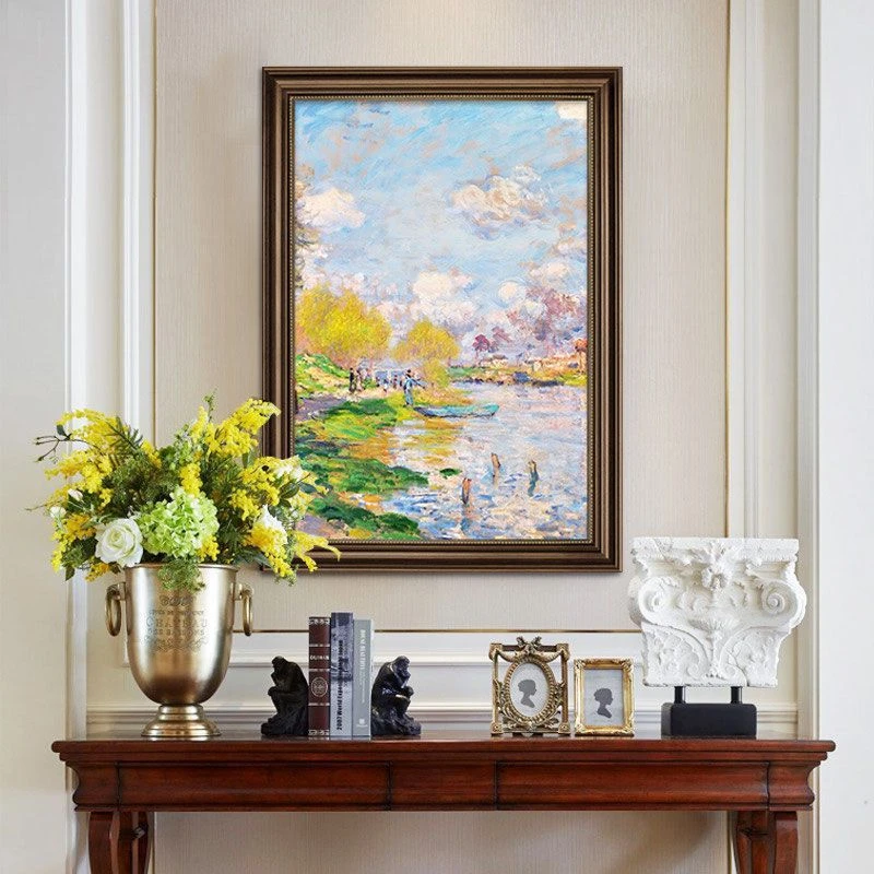 莫奈美式玄关装饰画肌理挂画竖版印象派餐厅油画风景