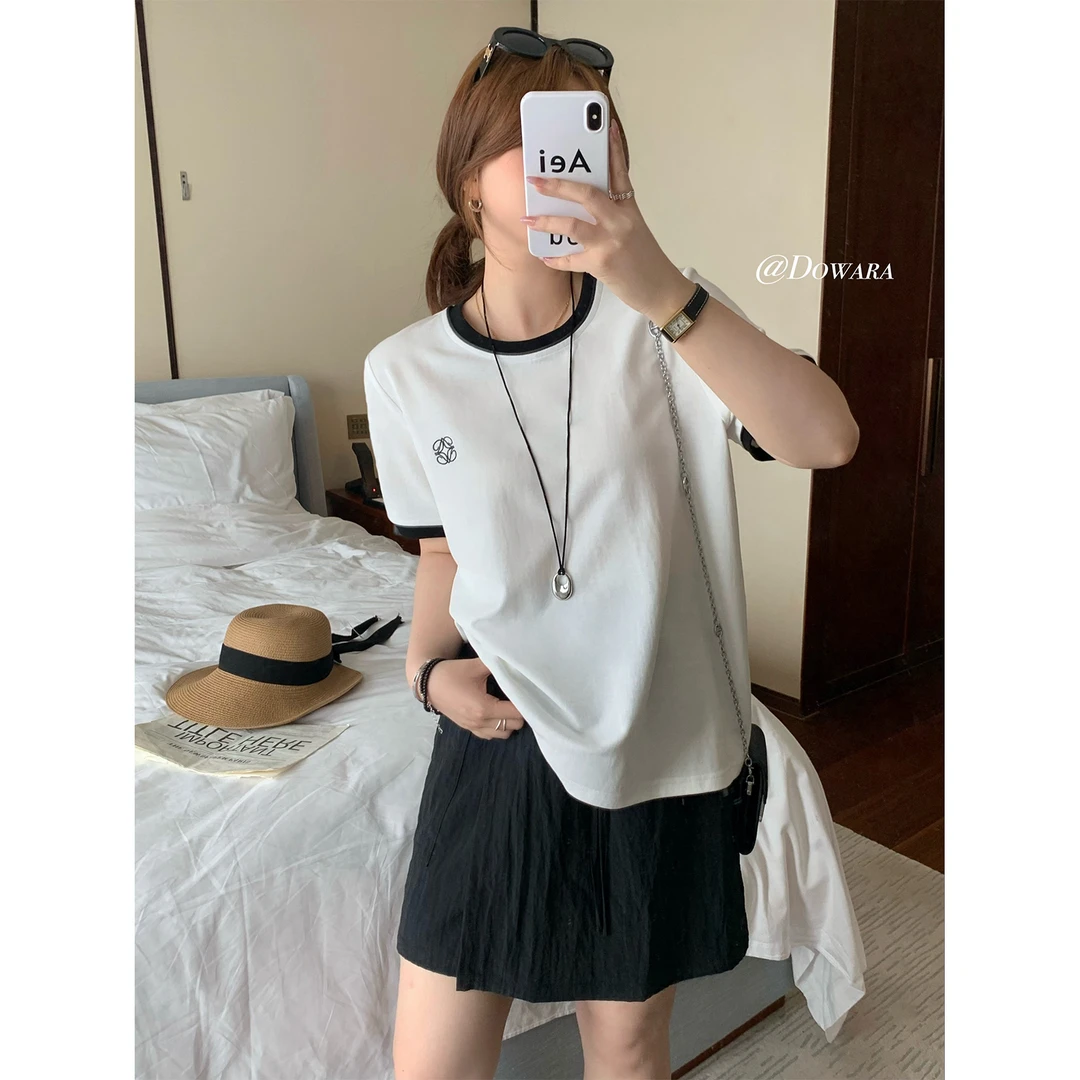 现货大婉酱微胖定制法式短袖撞色T恤女2025夏季通勤显瘦上衣7911D