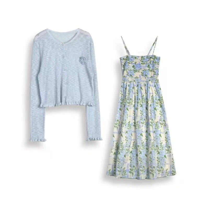 DA BAO夏季茶歇法式开衫小清新甜美减龄显瘦碎花吊带两件套