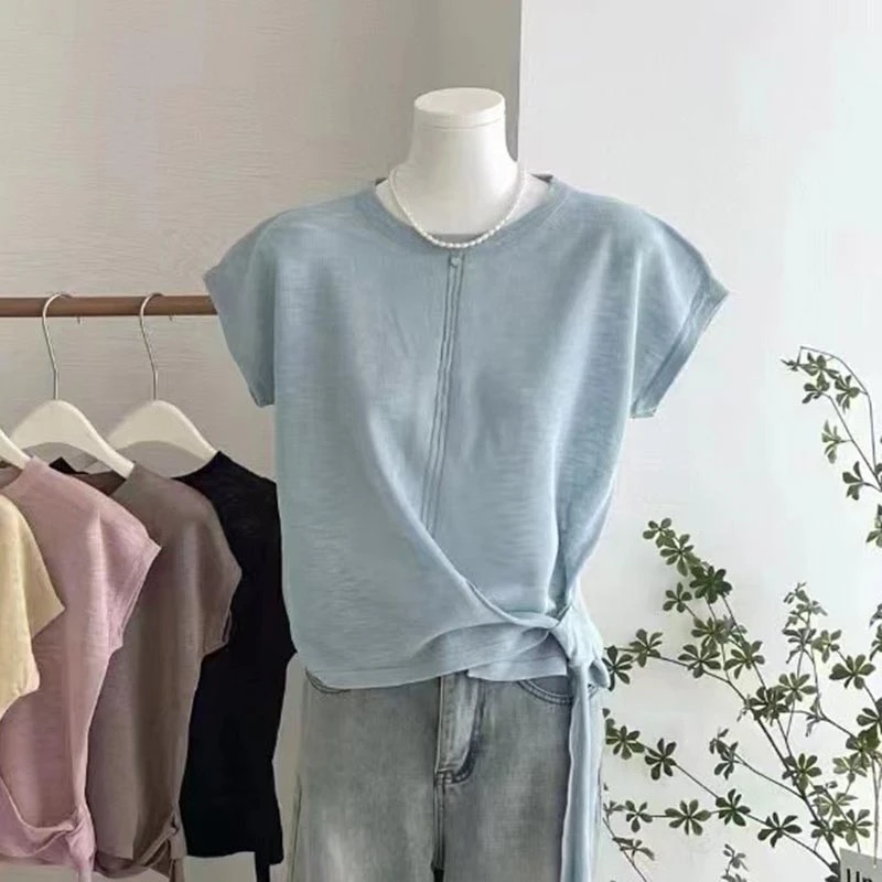 卡莲格/侧边打结圆领雪花棉薄款短袖T恤夏新款领口贝壳设计感上衣