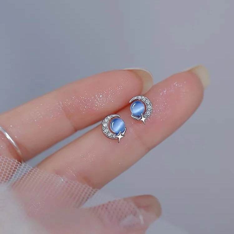足银玻璃耳饰s999蓝色猫眼石耳钉小巧精致月亮星球耳环甜美简约耳