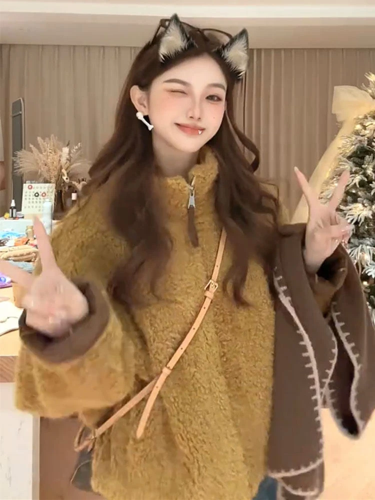 短款立领毛毛一体加绒外套女2025秋冬新款加厚百搭小个子上衣