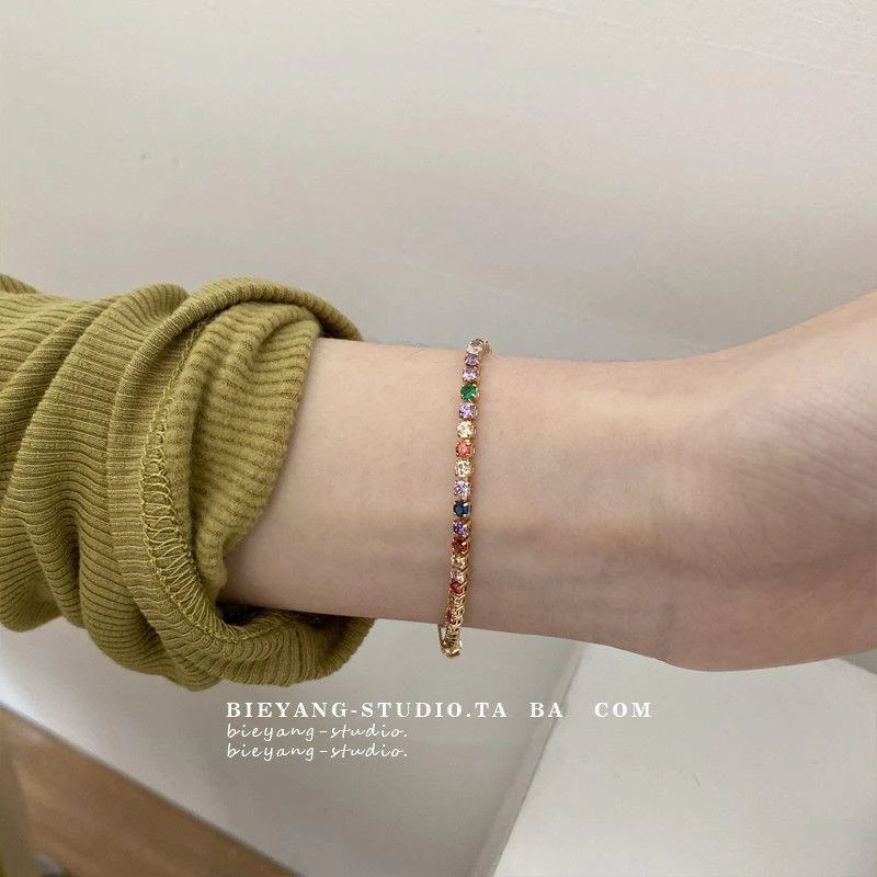 铜合金手链 新款时尚小众设计复古彩钻手链气质轻奢百搭彩色手饰