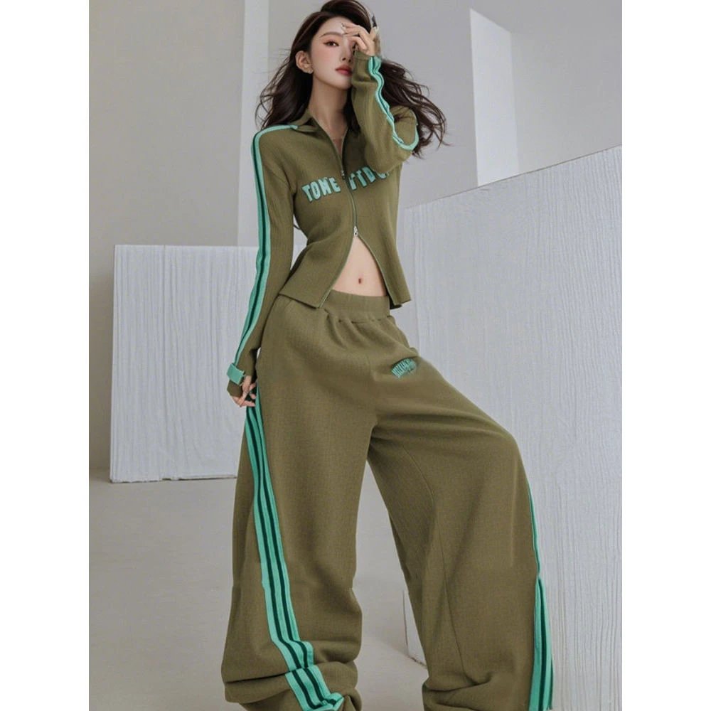 春季新款2025又a又飒套装休闲运动风绿色条纹上衣阔腿裤两件套女