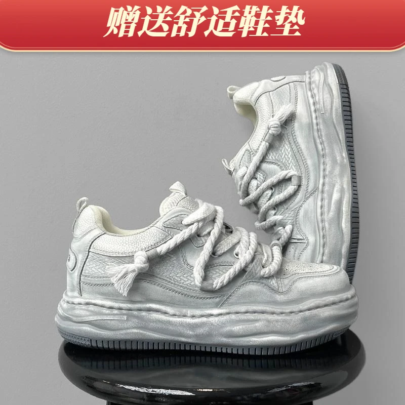 春季新款简约7cm隐形内增高做旧溶解鞋男鞋厚底增高休闲脏脏板鞋