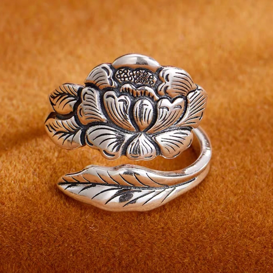 足银戒指 足银牡丹花时尚开口银戒指指环女纯银复古民族风可做旧