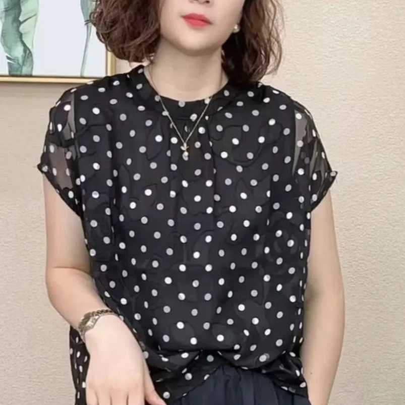 2025夏季新款纯色蕾丝拼接短袖T恤女百搭气质妈妈装减龄显瘦上衣