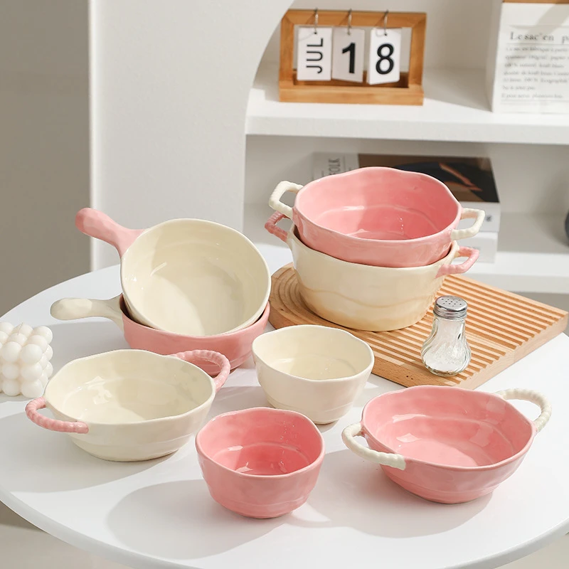 双耳汤碗陶瓷家用手柄碗烘焙烤碗沙拉水果碗ins汤碗空气炸锅专用