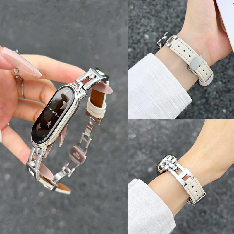 适用小米手环8/9及红米手表9NFC的细款真皮拼皮表带女生款8高级款