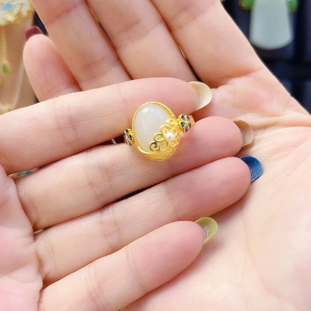 和田玉银S925镀金镶嵌戒指