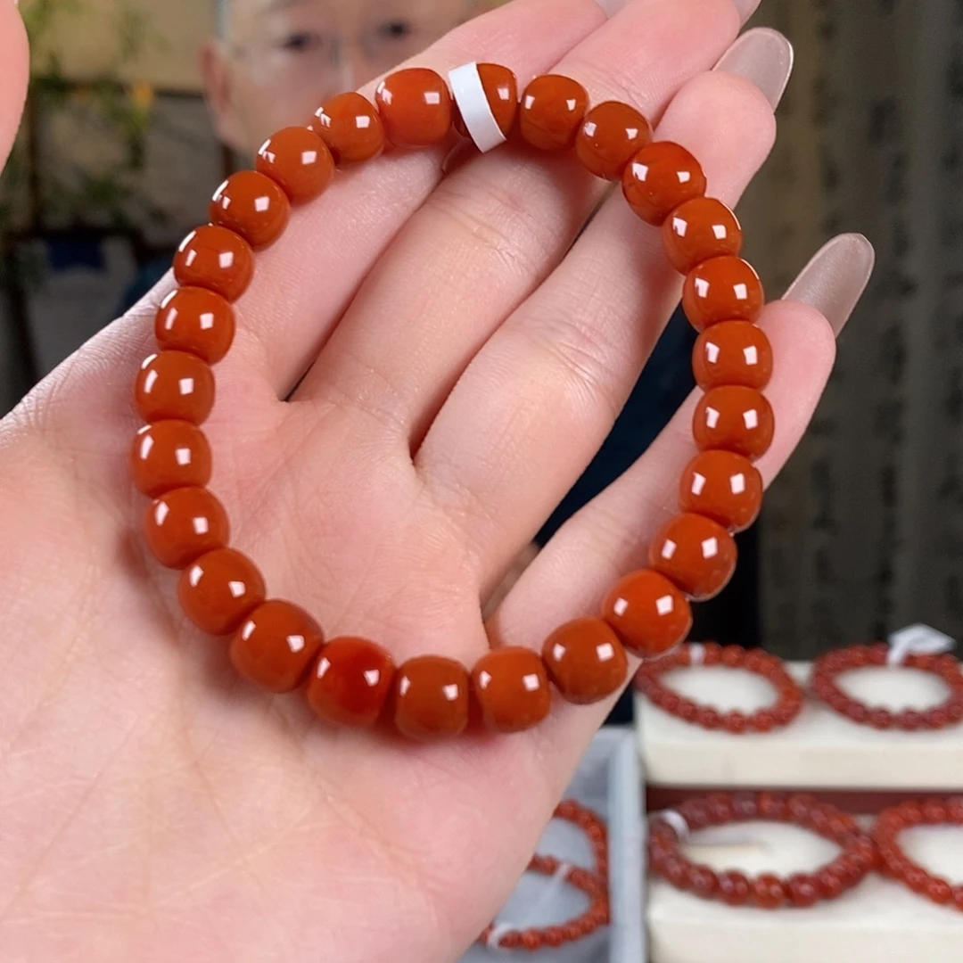 南红玛瑙未镶嵌手串原矿8mm 柿子红老型 特级