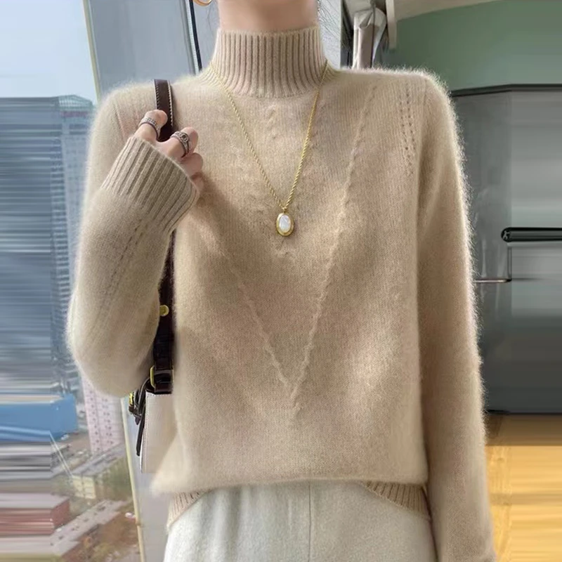 秋冬季爆款100%羊绒衫女宽松半高领提花加厚针织毛衣百搭打底衫女