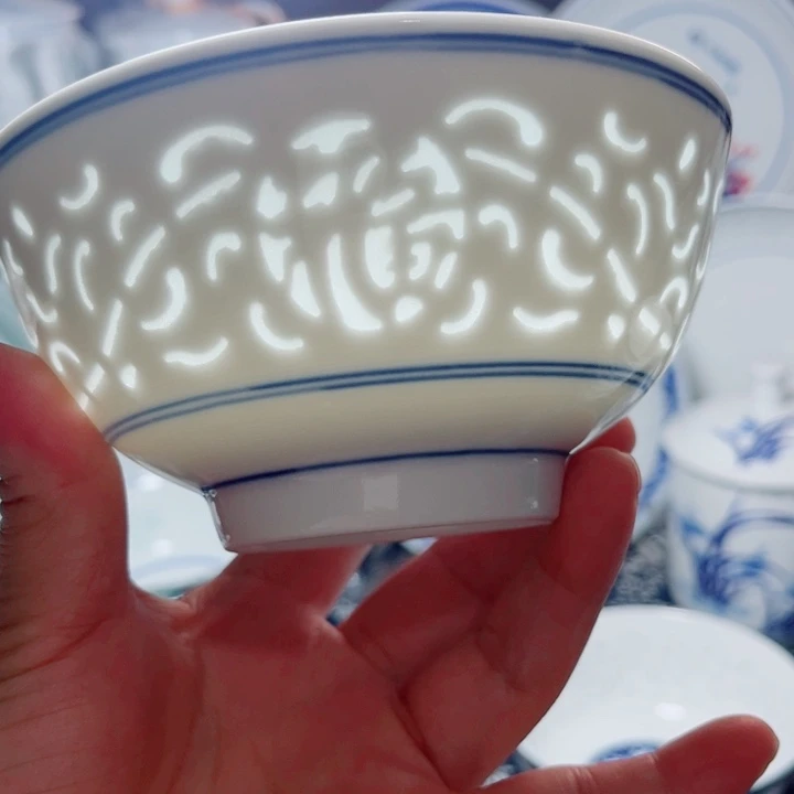 青花玲珑5寸饭碗满雕双福双线