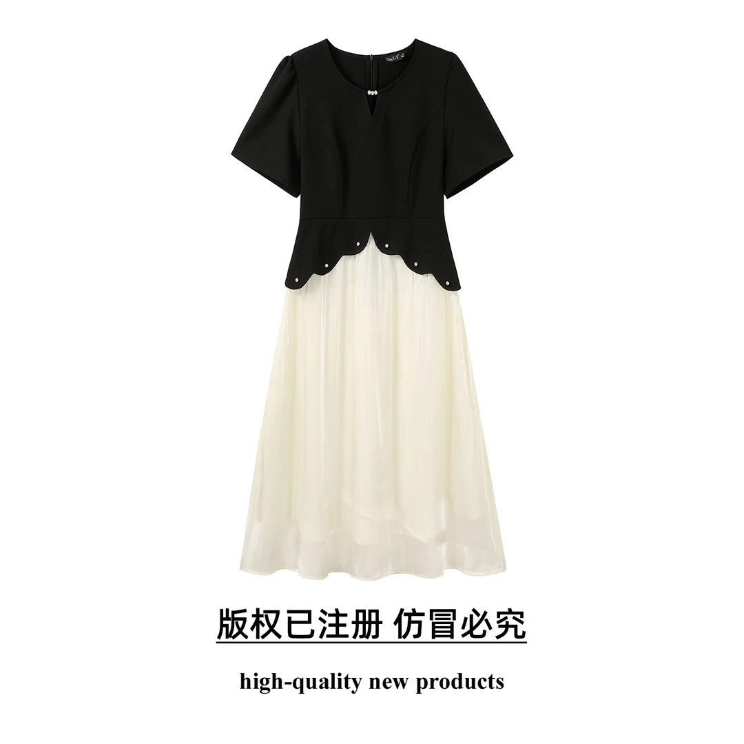 奢姿大码女装2025夏季减龄镂空设计连衣裙胖妹妹钉珠时尚拼接裙子