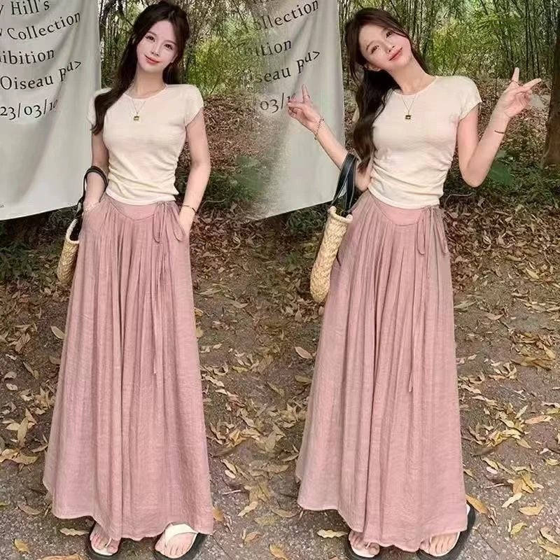 夏季松紧垂坠感褶皱高腰阔腿长裤女系带设计感小众气质飘飘裙裤子