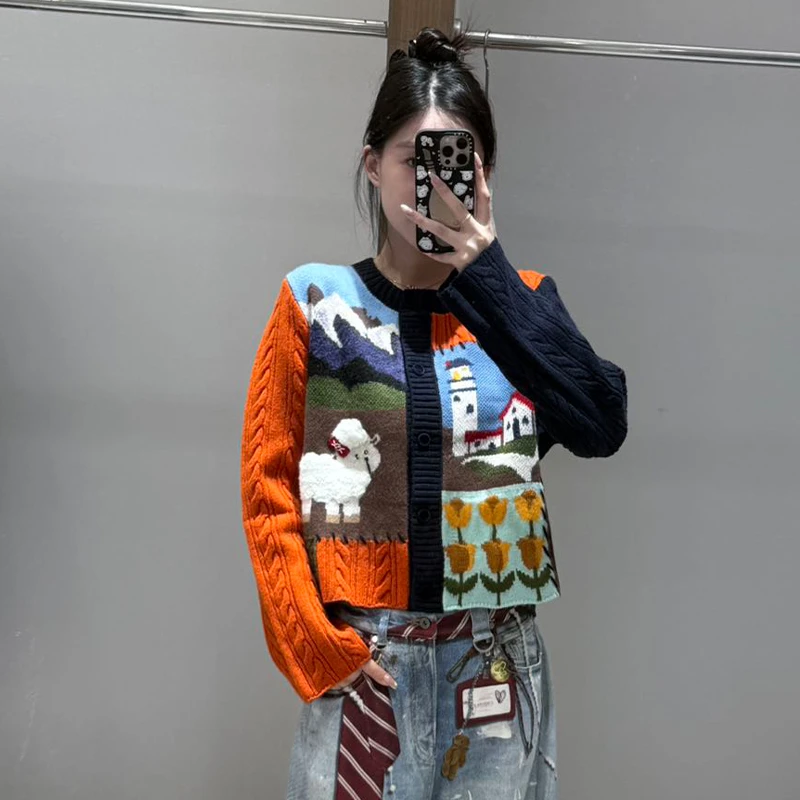 【现货】FORDARE福蝶25秋季风景拼块毛织绞花开衫外套上衣针织衫