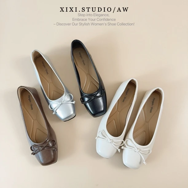 【25夏季新款】极简主义新款蝴蝶结方头平底单鞋银色浅口温柔豆豆鞋