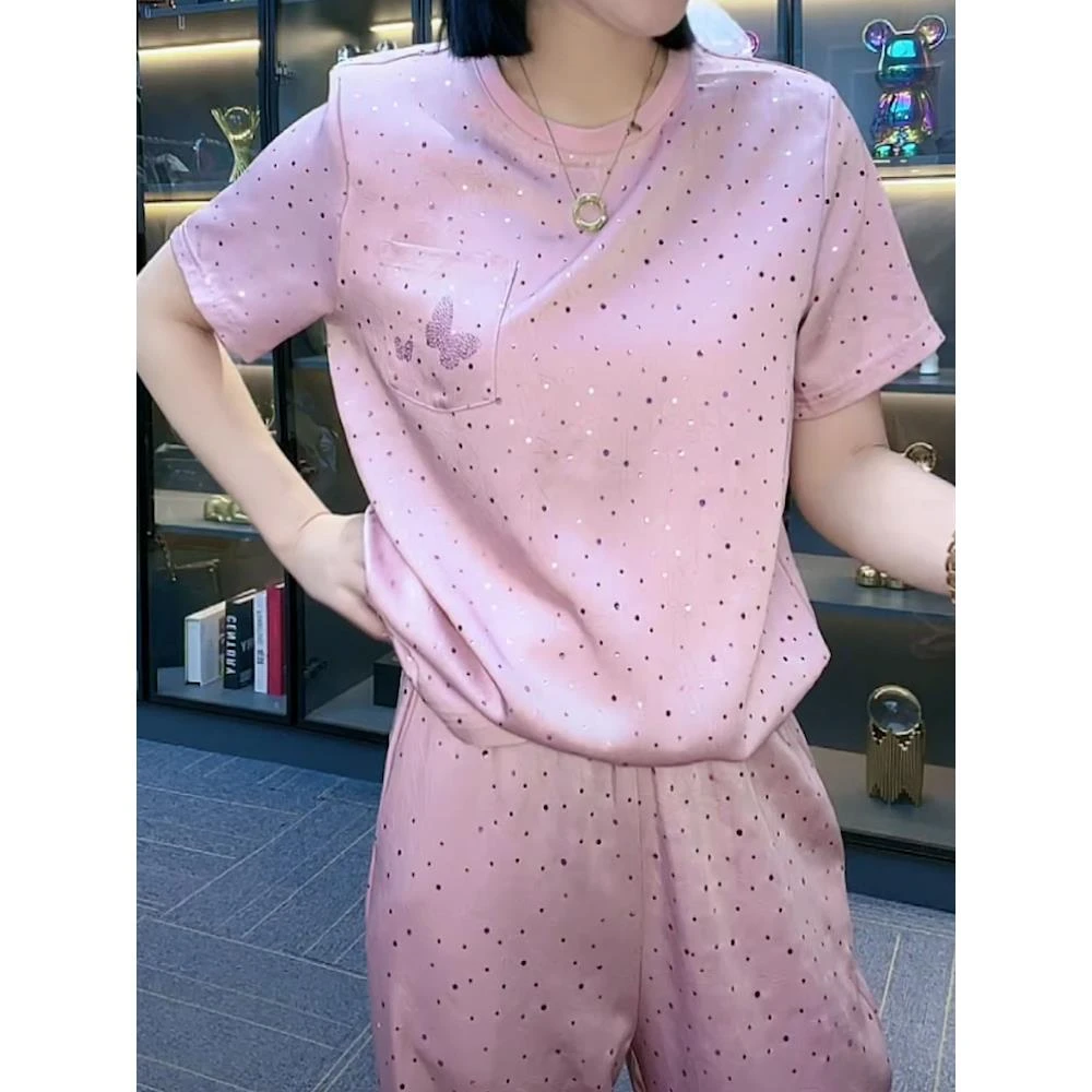 重工亮片粉色口袋短袖T恤2025夏季新款宽松休闲时尚阔腿裤两件套