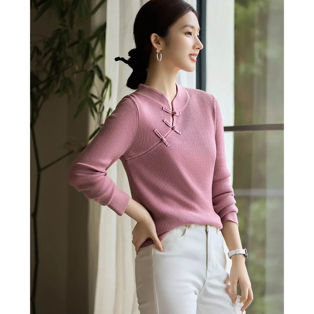 XWI/欣未【奥莱】新中式盘扣长袖短款针织衫 2025春季气质女针织衫
