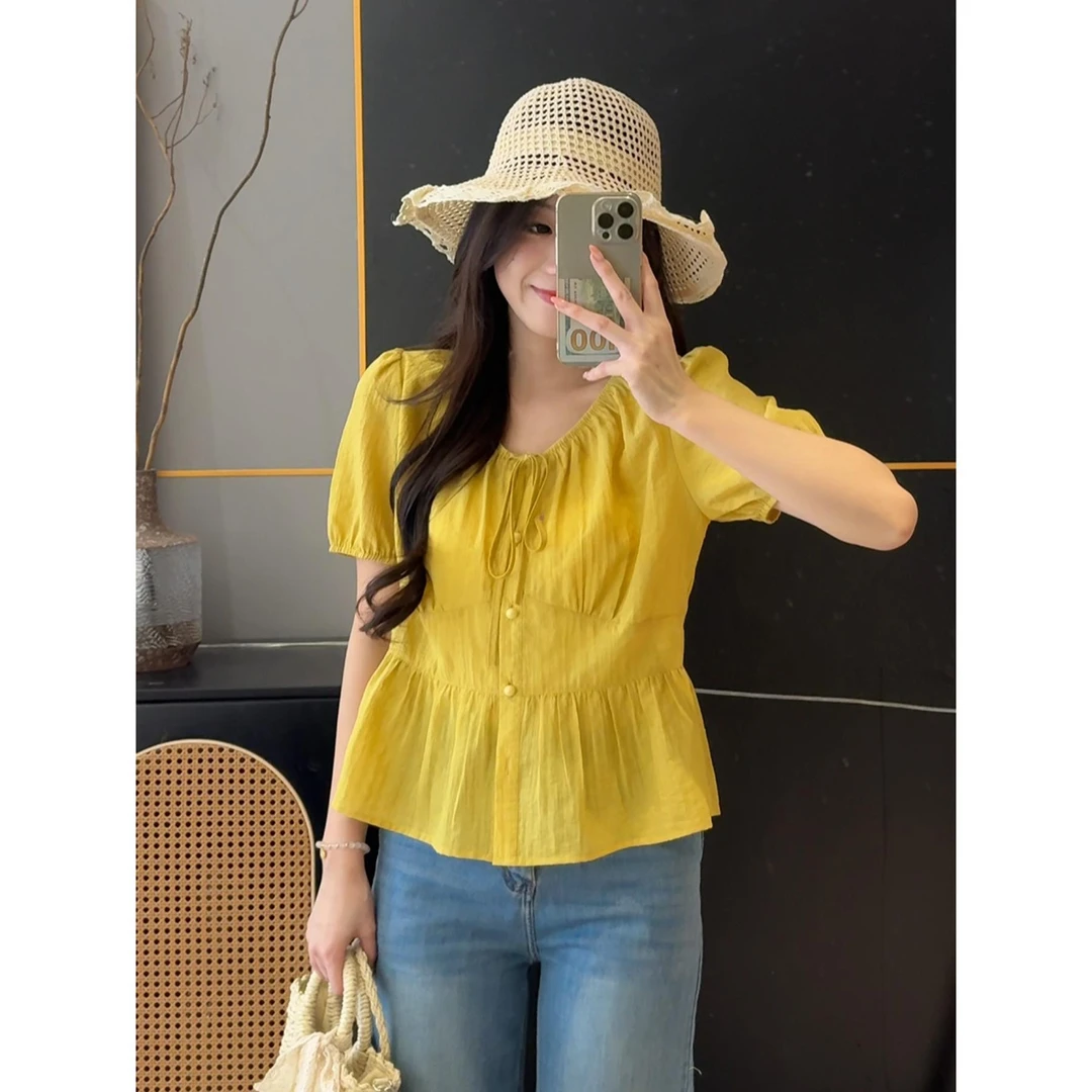 纯色时尚短袖衬衫女夏季新款百搭减龄圆领小衫小个子收腰系带上衣
