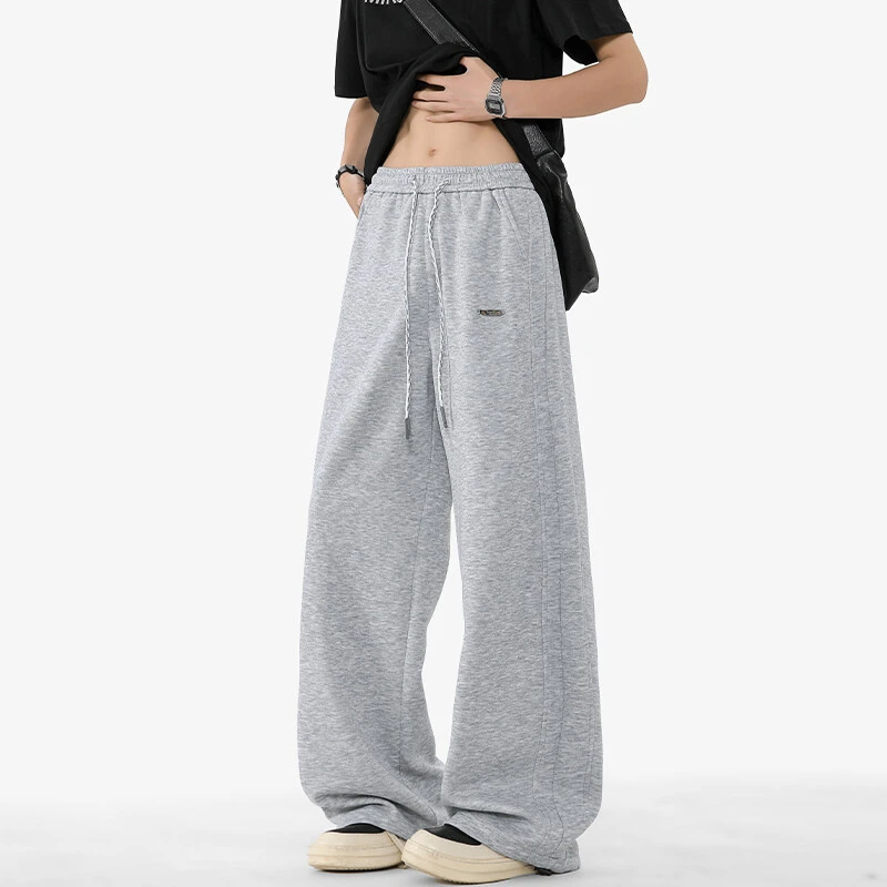 灰色弯刀阔腿运动卫裤男春秋高腰垂感直筒宽松拖地长裤子男装