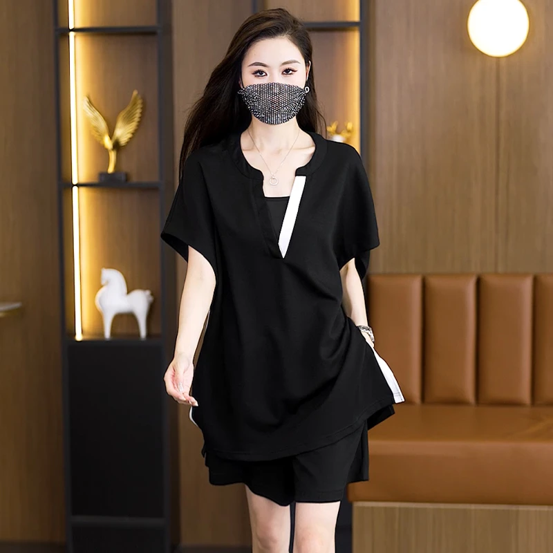 2025大码女装夏新款运动休闲时尚宽松显瘦上衣+短裤两件套