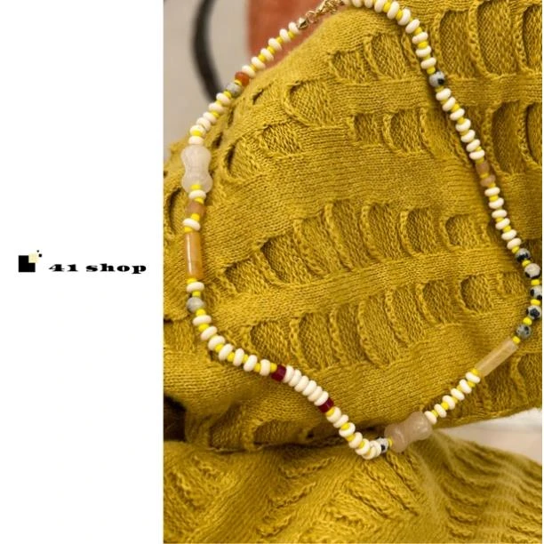 非金属树脂项链 A332 轻复古黄白碎石穿珠项链日常百搭时尚小众