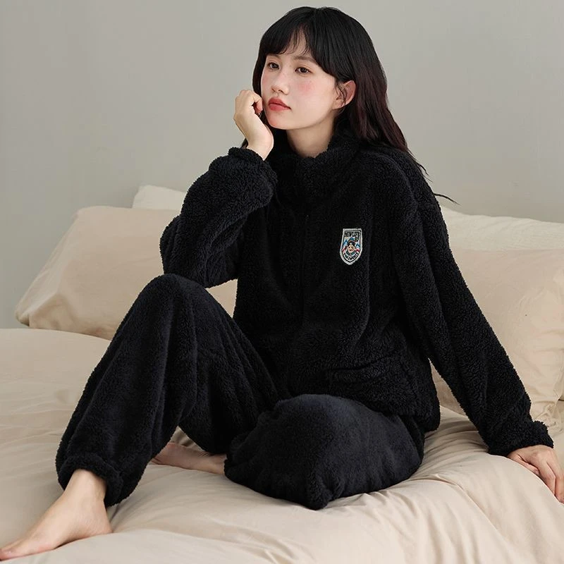 可外加绒加厚奥利简约睡衣立领休闲纯色拉链套装运动家居服