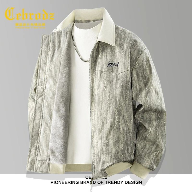 法国Cebrodz扎染翻领外套男款秋冬季2025新加绒加厚拼接工装夹克