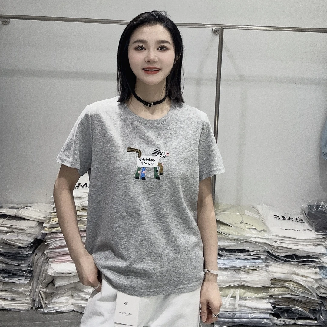 LMM 2573 彩色小马T~韩系重工立体刺绣卡通减龄圆领t恤短袖上衣女