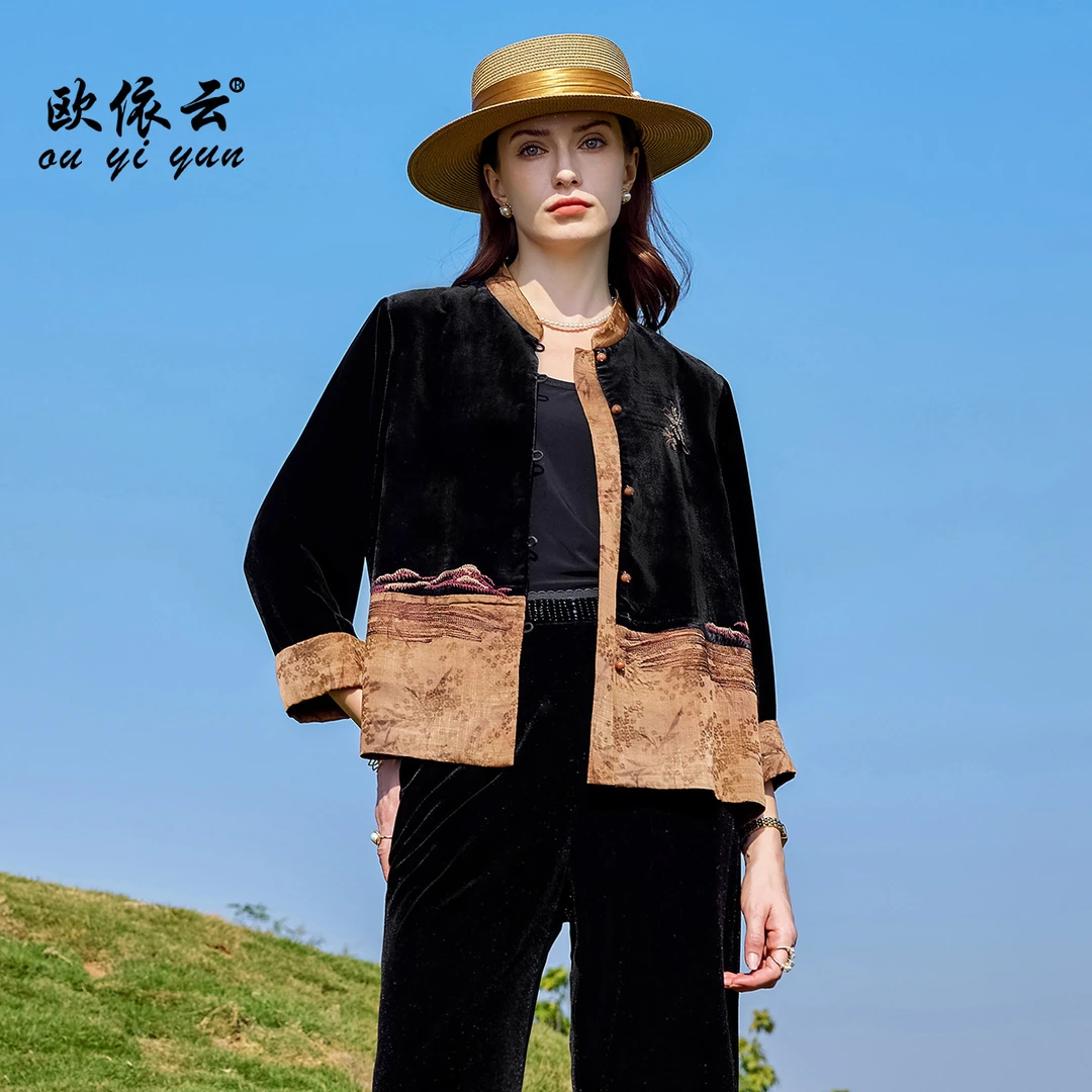 50255欧依云高级感气质短外套春装洋气妈妈新中式桑蚕丝上衣女