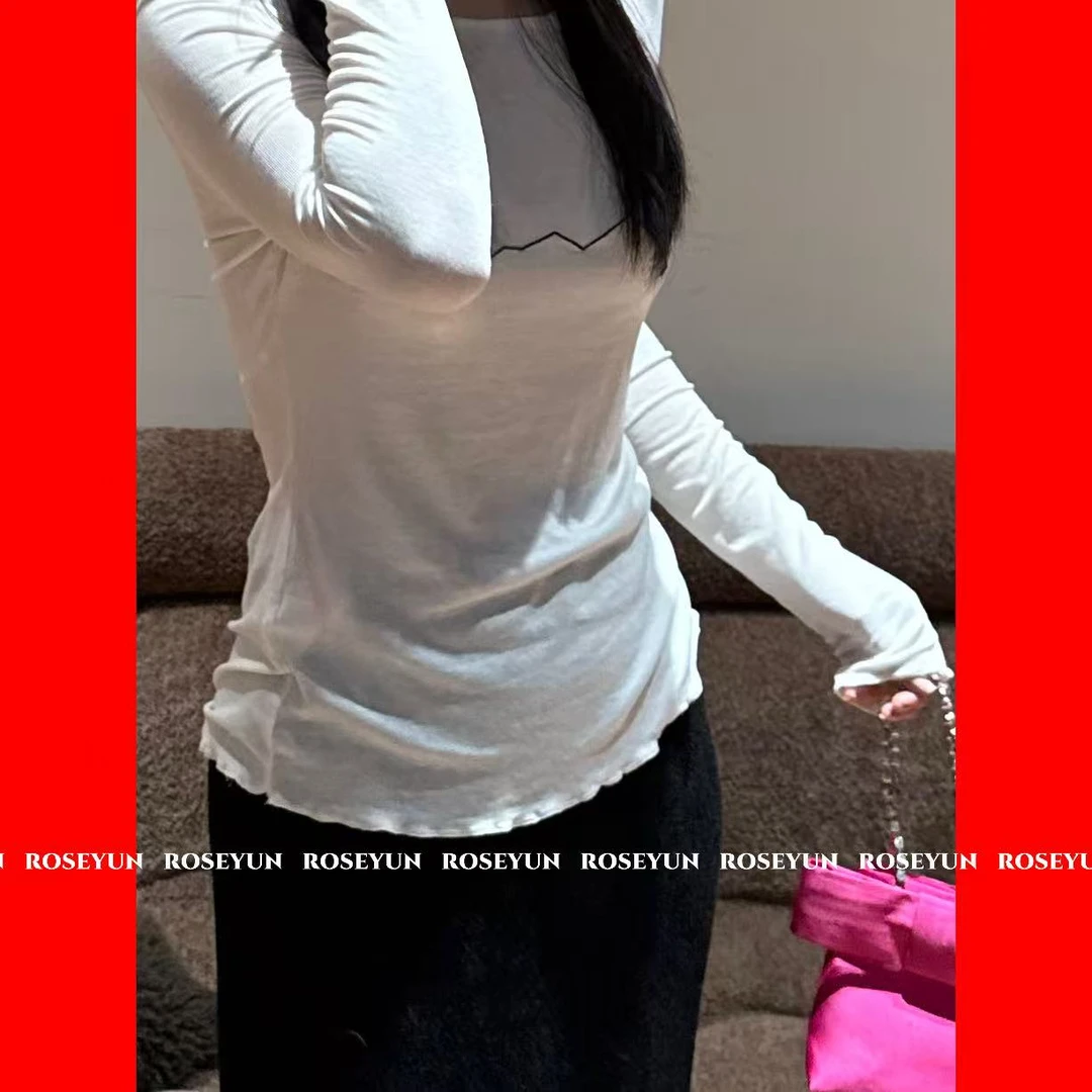 【Rose Yun】几何线条刺绣醋酸莱赛尔针织打底上衣 JY125158