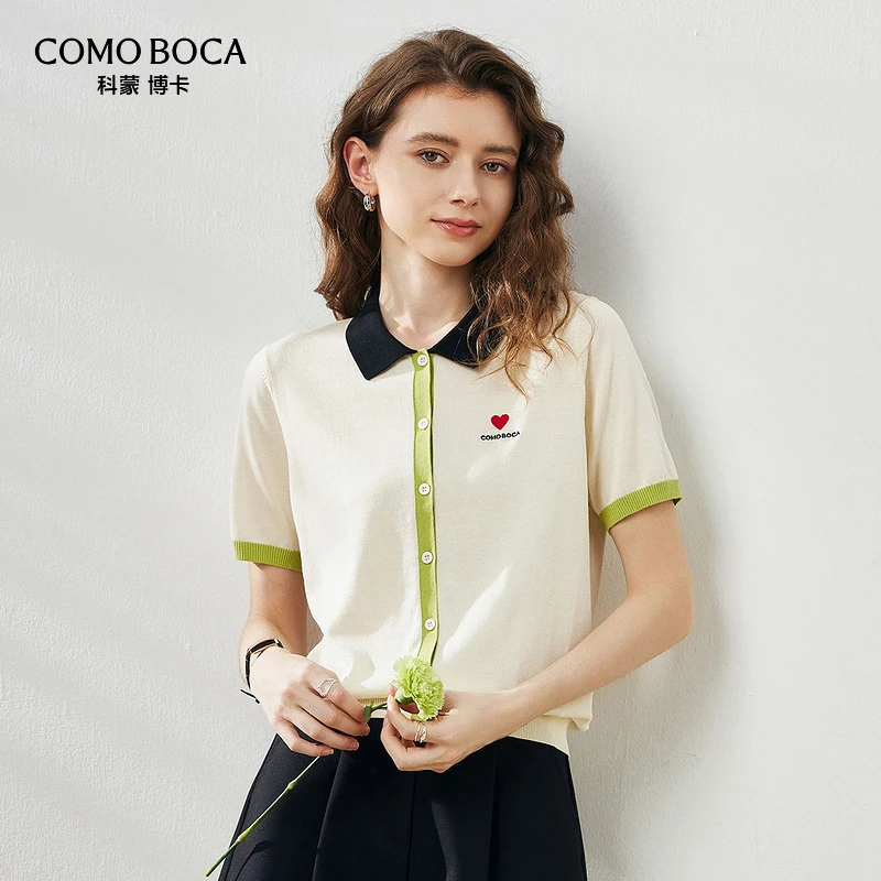 COMOBOCA/科蒙·博卡25春夏桑蚕丝外套女短袖撞色T恤KST1193
