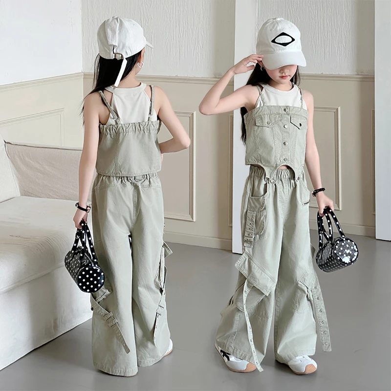 女童工装裤套装夏季背心吊带童装新款长裤挂脖内搭两件套洋气女孩
