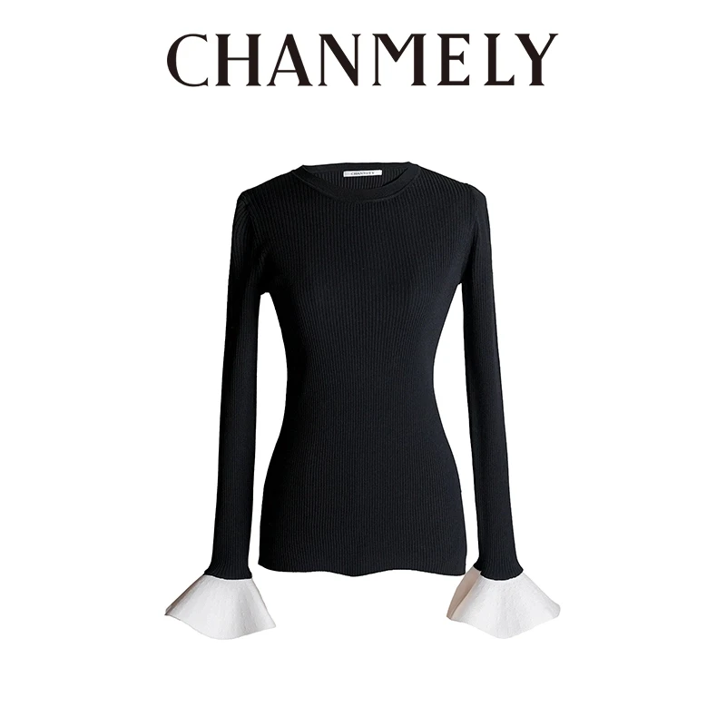 【CHANMITY】百搭纯色针织修身长袖上衣   023537