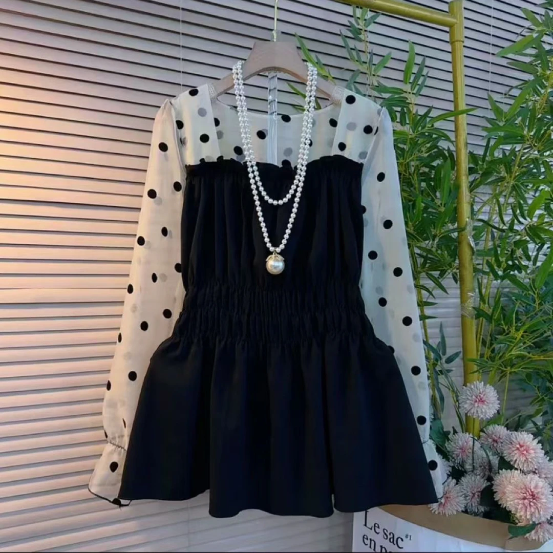 大码胖mm秋季新款法式方领波点收腰显瘦洋气衬衫