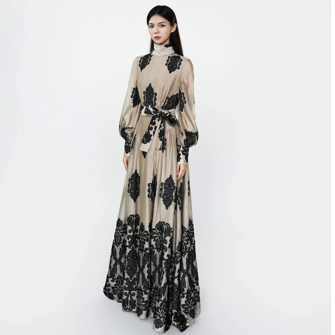 JIWENBO立领长裙设计师印花收腰印花抗皱百褶连衣裙女装时尚